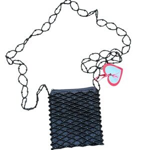 Vintage 90s Black Beaded Mini Crossbody Bag Evening Bag Retro Y2K Goth Punk